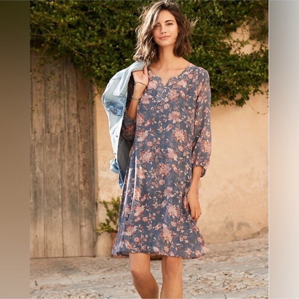 Garnet Hill Bishop Sleeve Silk Dress with Slip Floral Boho 3/4 Sleeves‎ Size 10